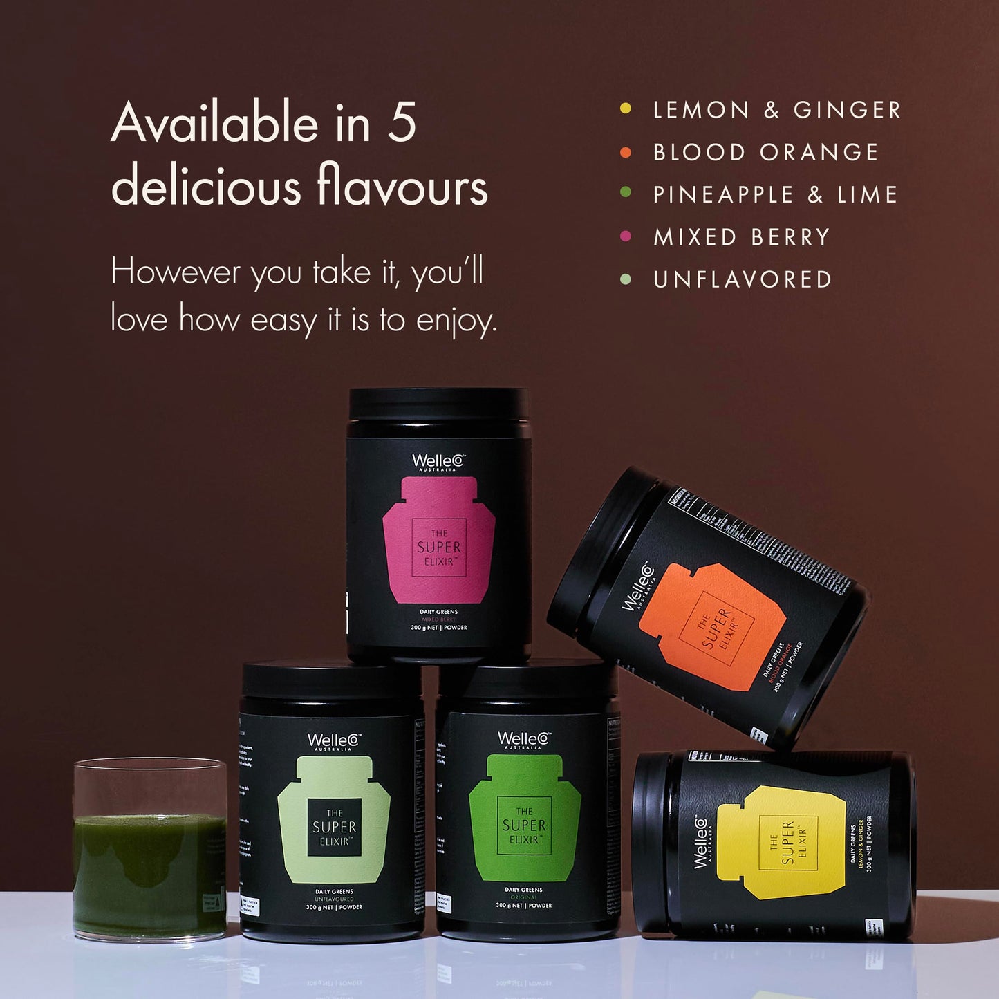 WelleCo The Super Elixir Daily Greens Powder, Probiotic Drink Mix with Whole Foods, Gluten Free, Vegan Gut Health Powder, Energy, Immunity, Healthy Skin, Hair & Nails (300g, Lemon Ginger) WelleCoBuy Supplements Australia
