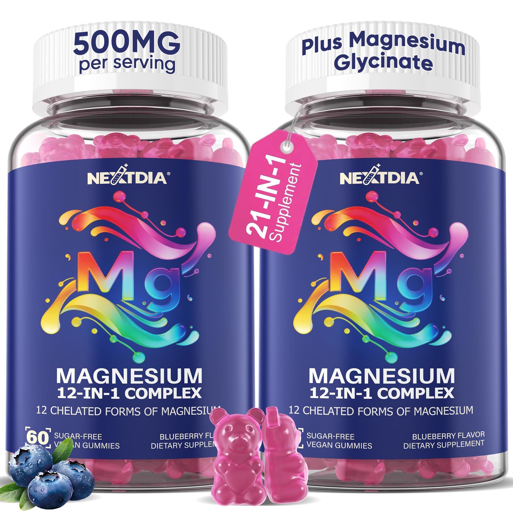 Two bottles of Nextdia magnesium gummy vitamins on a white background
