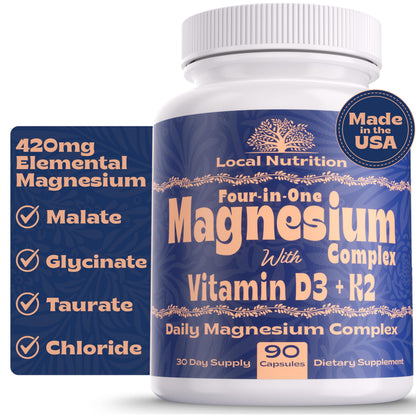 Local Nutrition Magnesium Complex 420mg with Vitamin D3 K2 - Four Bioavailable Forms Including Bisglycinate (Glycinate), Malate, Taurate, and Chloride