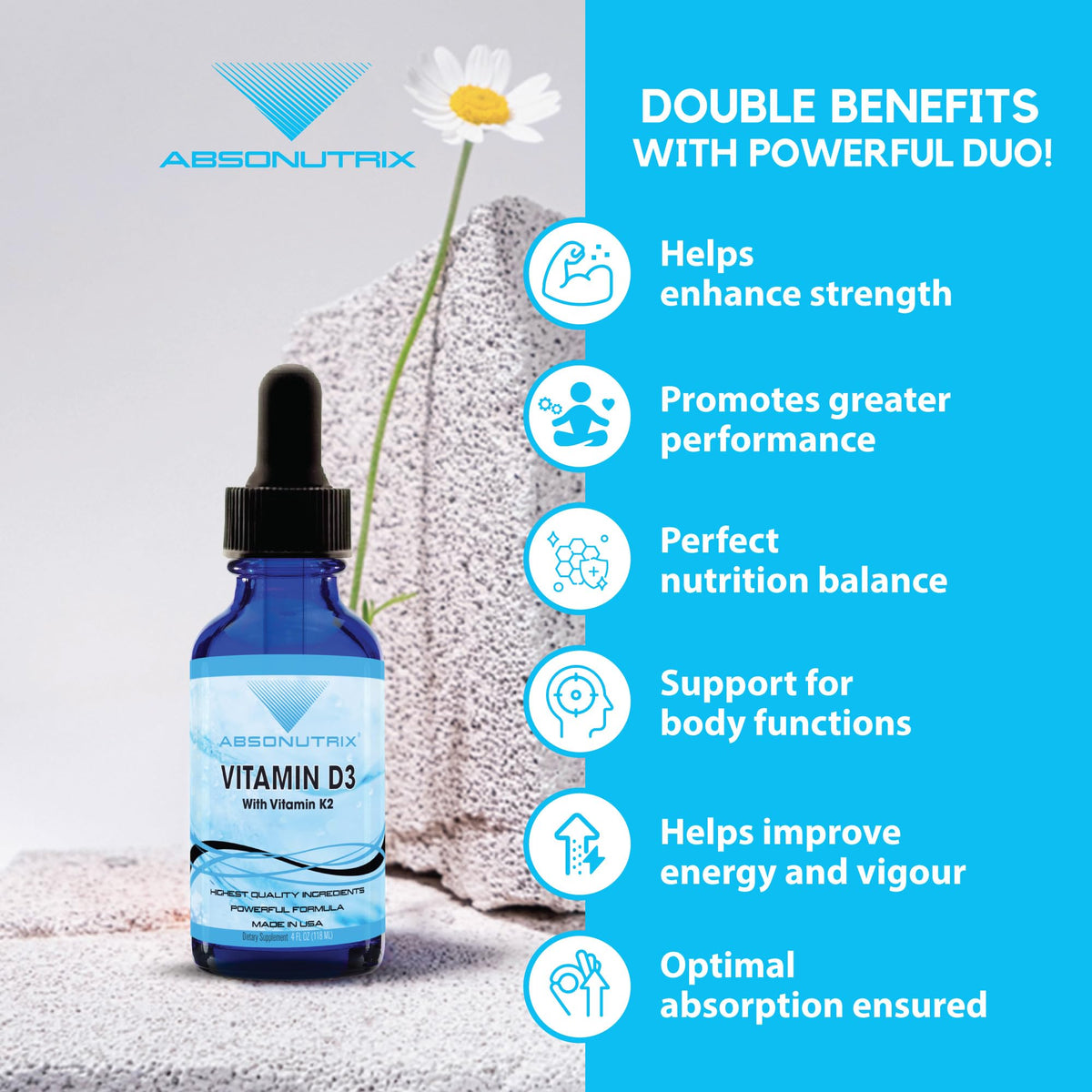 Absonutrix Vitamin D3 K2 Drops, 390mg, 4 Oz Liquid, 302 Servings, Made in USA, Quick Absorption, Quality Potent Ingredients, Non-GMO, GMP Certified, Cruelty-Free Products, Bone Strength Supplements AbsonutrixBuy Supplements Australia