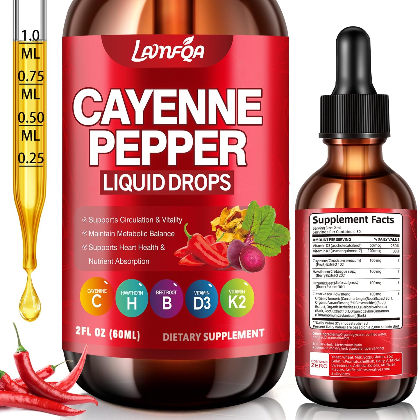 Cayenne pepper liquid drops bottle with label and dropper on a white background
