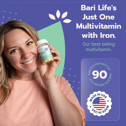 Bari Life Just One, Once Daily Bariatric Multivitamin with Iron (90 Tablets) and BariBurst Calcium Citrate Soft Chews for Gastric Bypass, Gastric Sleeve and Duodenal Switch (Sour Grape)