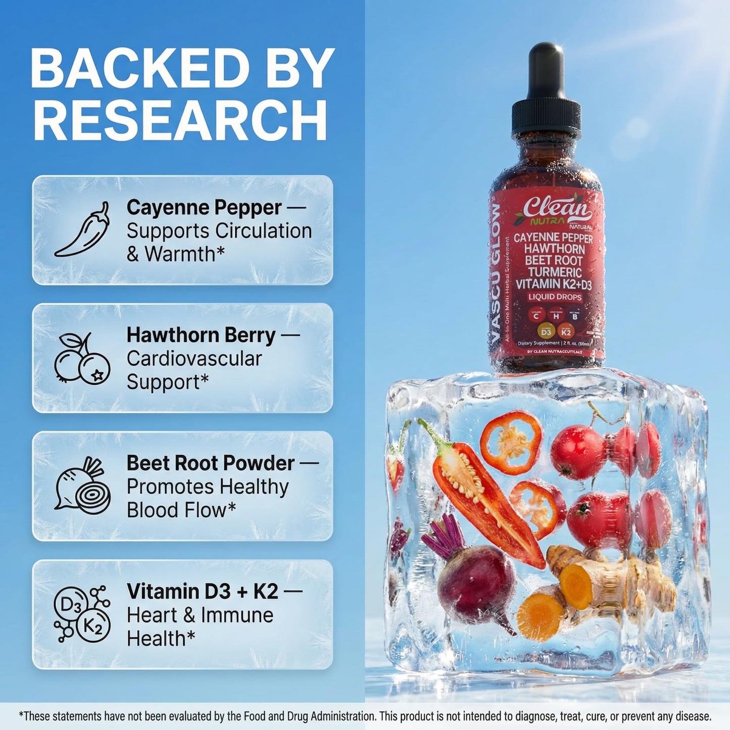 Clean Nutra Cayenne Pepper Drops Supplement Liquid + Hawthorn Berry, Vitamin D3 K2 Beet Root Powder, Ceylon Cinnamon, Turmeric Curcumin
