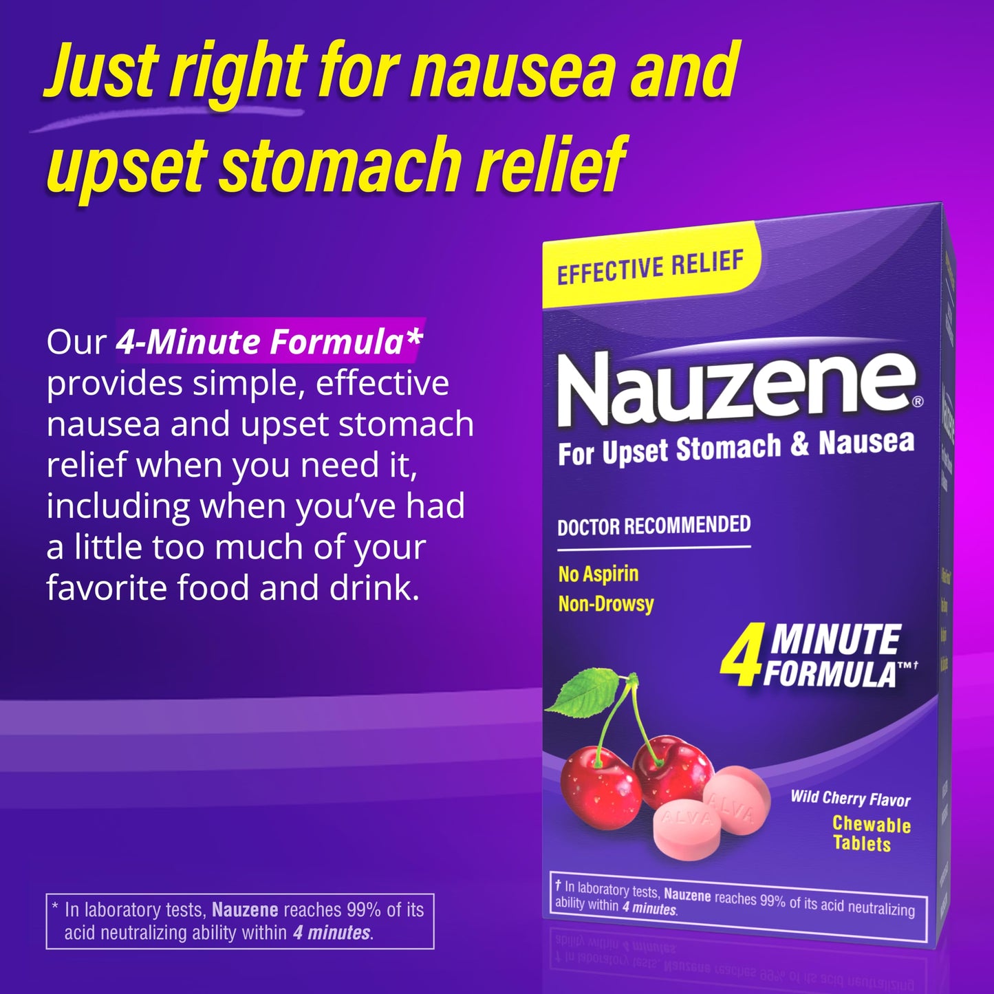 Nauzene Non-Drowsy Upset Stomach & Nausea Relief Chewable Tablets | 4-Minute Formula | Doctor Recommended | Wild Cherry Flavor | 56 Count Nauzene buy supplements Au