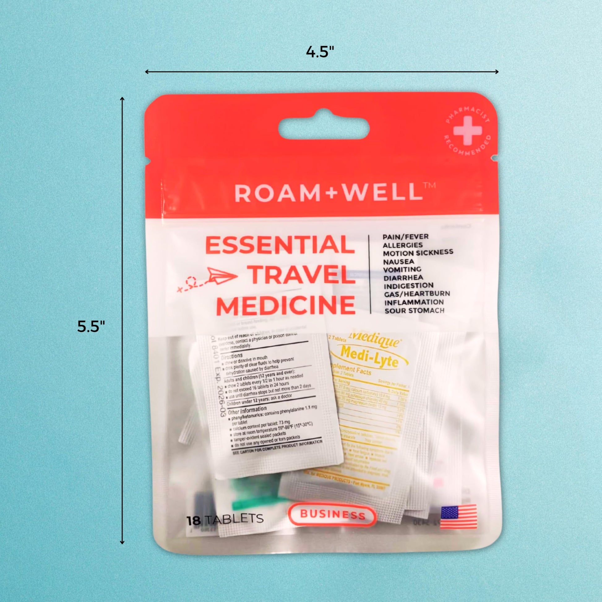 Roamwell Essential Travel Medicine Kit, OTC Travel Medication, TSA Approved (Business | 18 Tablets) Roamwell buy supplements Au