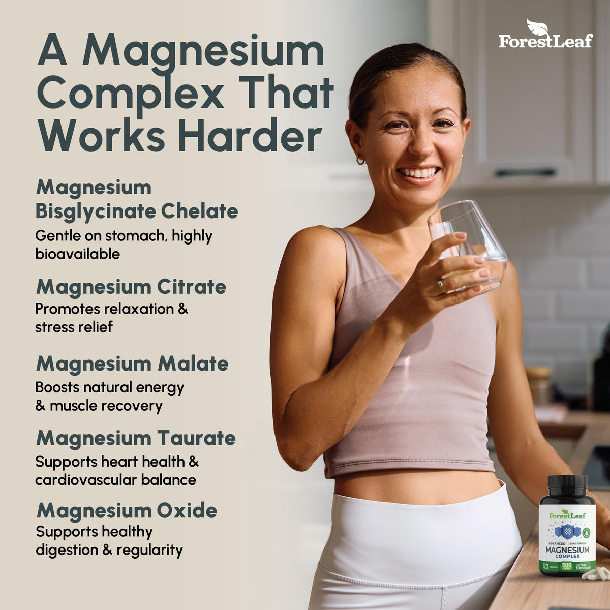 ForestLeaf Magnesium Complex for Women and Men - 500mg Magnesium Supplement for Sleep - 5-in-1 Chelated Magnesium Citrate, Bisglycinate, Malate, Taurate, Oxide (120 Ct) ForestLeaf buy supplements Au