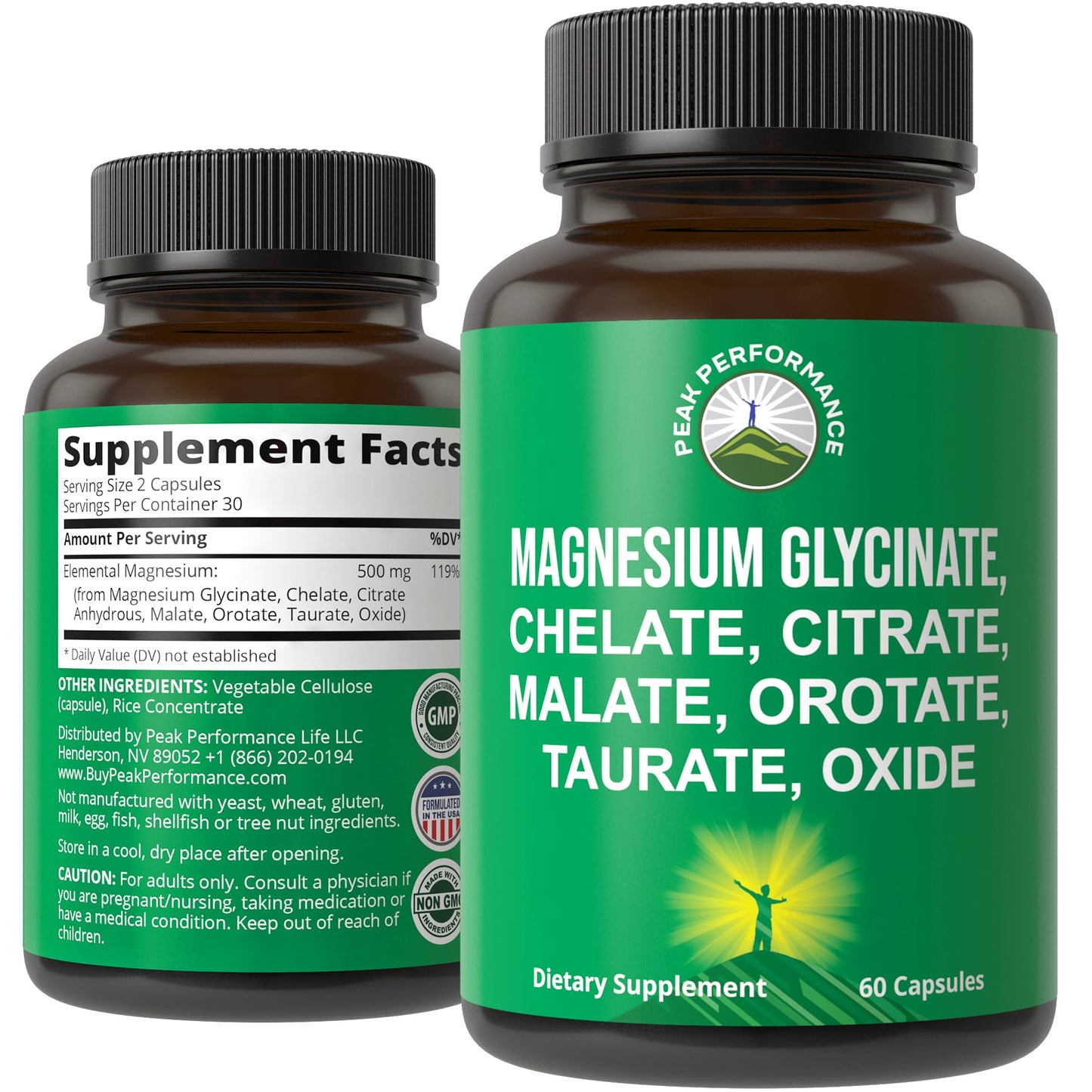 Two bottles of Peak Performance magnesium supplement on a white background
