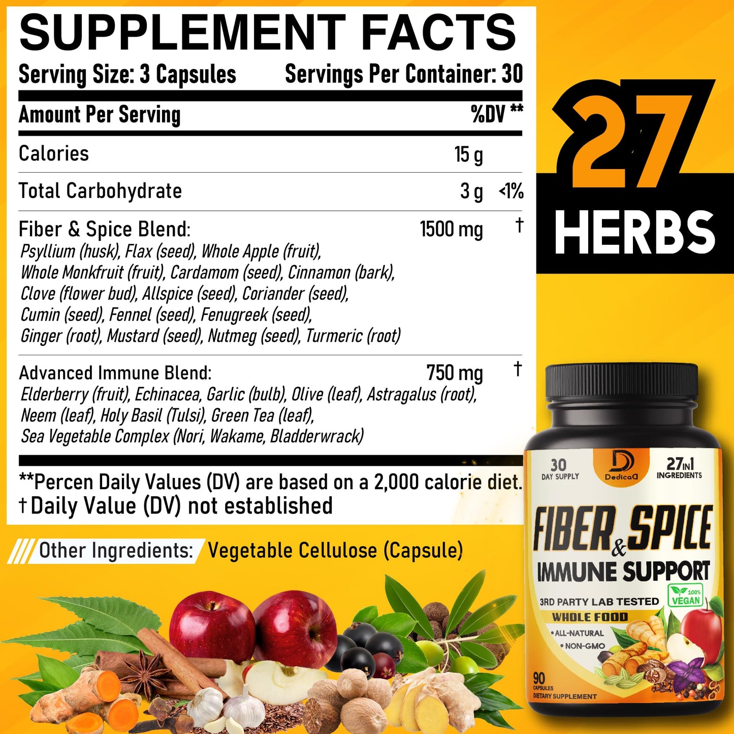 DEDICAD 27in1 Fiber and Spice Supplement - Combined with Organic Psyllium, Whole Apple, Elderberry & More - Support Mood, Body & Immunity - 90 Capsules for 1 Month DEDICAD buy supplements Au