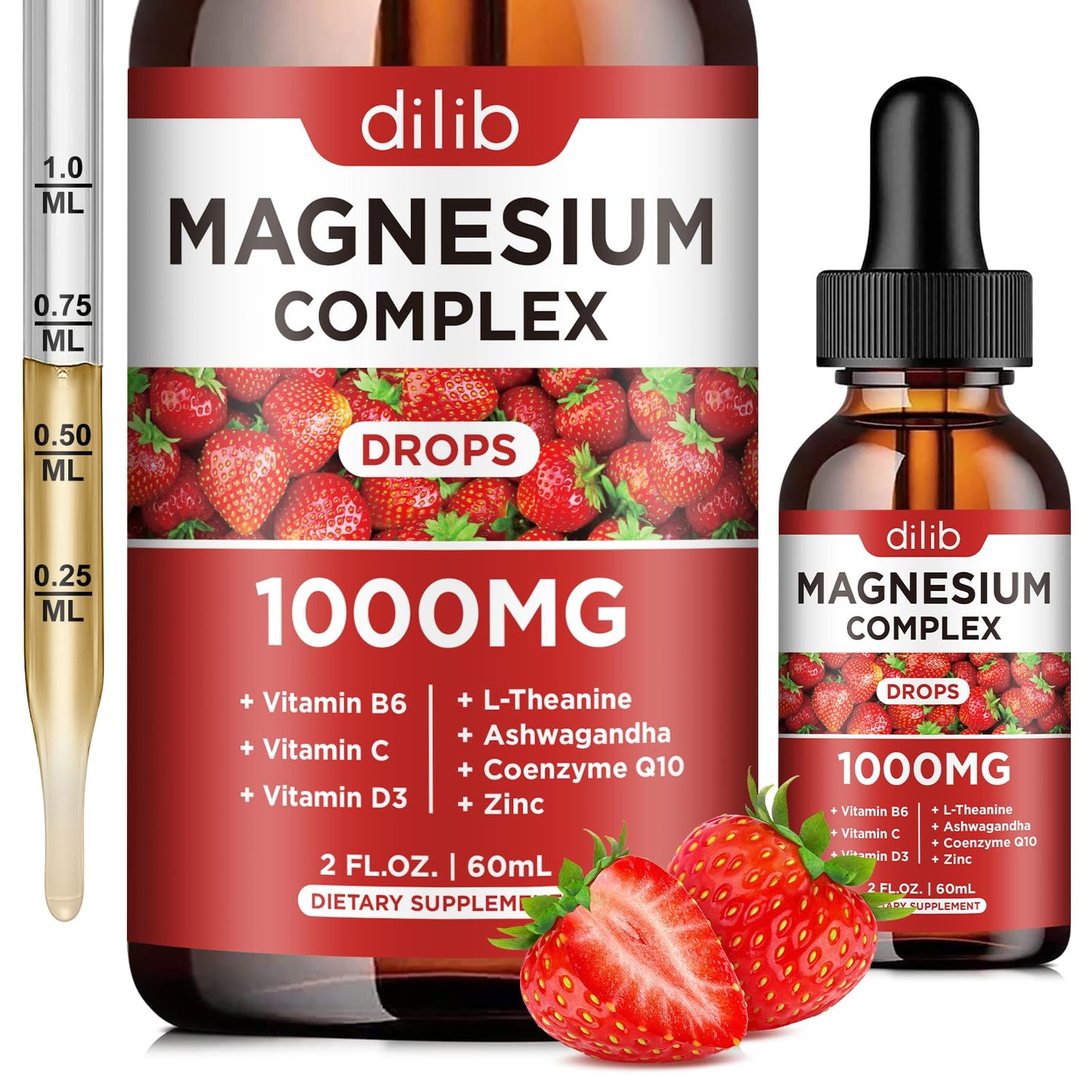 Dilib magnesium complex supplement bottle with strawberry flavor, dropper, and syringe on a white background.