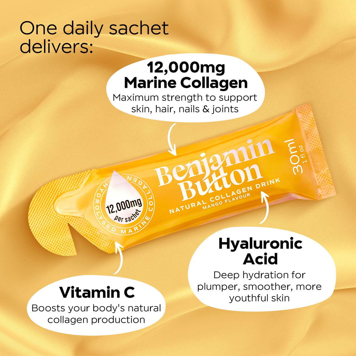 Benjamin Button 12,000mg Marine Collagen Liquid Shots| High Strength Hydrolyzed Marine Collagen Peptides w/Hyaluronic Acid & Vitamin C for Skin, Hair & Joints | Mango, 14 Daily Servings 30ml Benjamin Button buy supplements Au