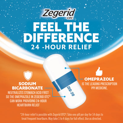 Zegerid OTC, 24-Hour Heartburn Relief, Acid Reflux Medicine and Antacid, Treats Frequent Heartburn, Omeprazole 20mg + Sodium Bicarbonate, Proton Pump Inhibitor (PPI), 42 Capsules