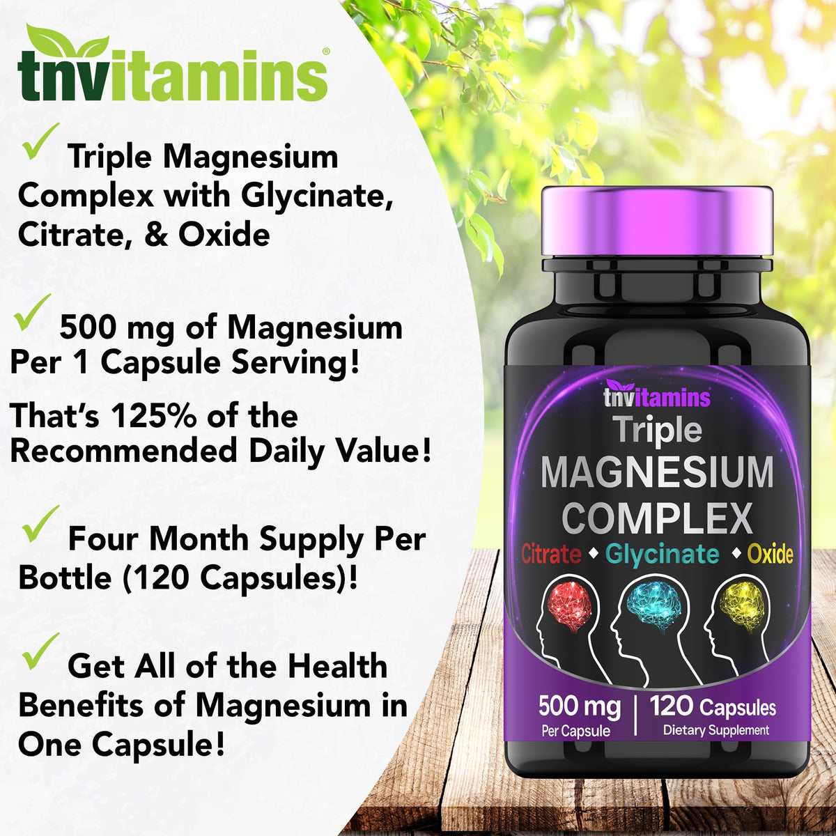 Triple Magnesium Complex Supplement 500mg: Magnesium Glycinate, Citrate, & Oxide - 120 Capsules (4 Month Supply!) | 1 Capsule Serving Provides 125% Daily Value | Non-GMO, Made in The USA! tnvitamins buy supplements Au