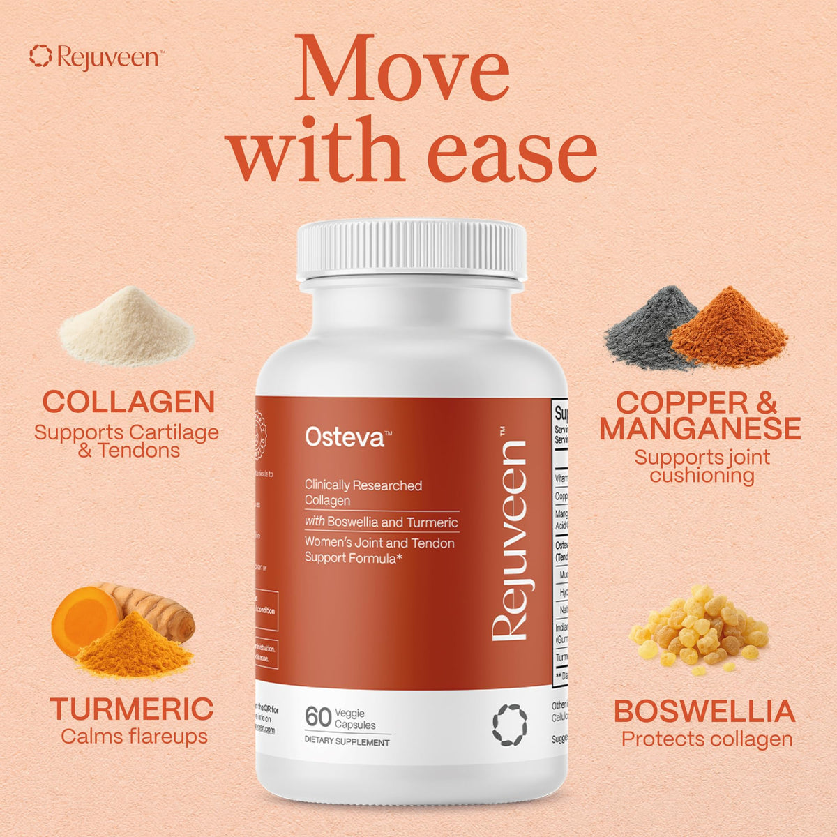 Rejuveen Osteva Joint Support Supplement for Women | High Potency Collagen, Turmeric, Boswellia | for Flexible Cartilage & Tendons, Resilient Knees & Hip, Improved Mobility | Non-GMO, 60 Ct Rejuveen buy supplements Au