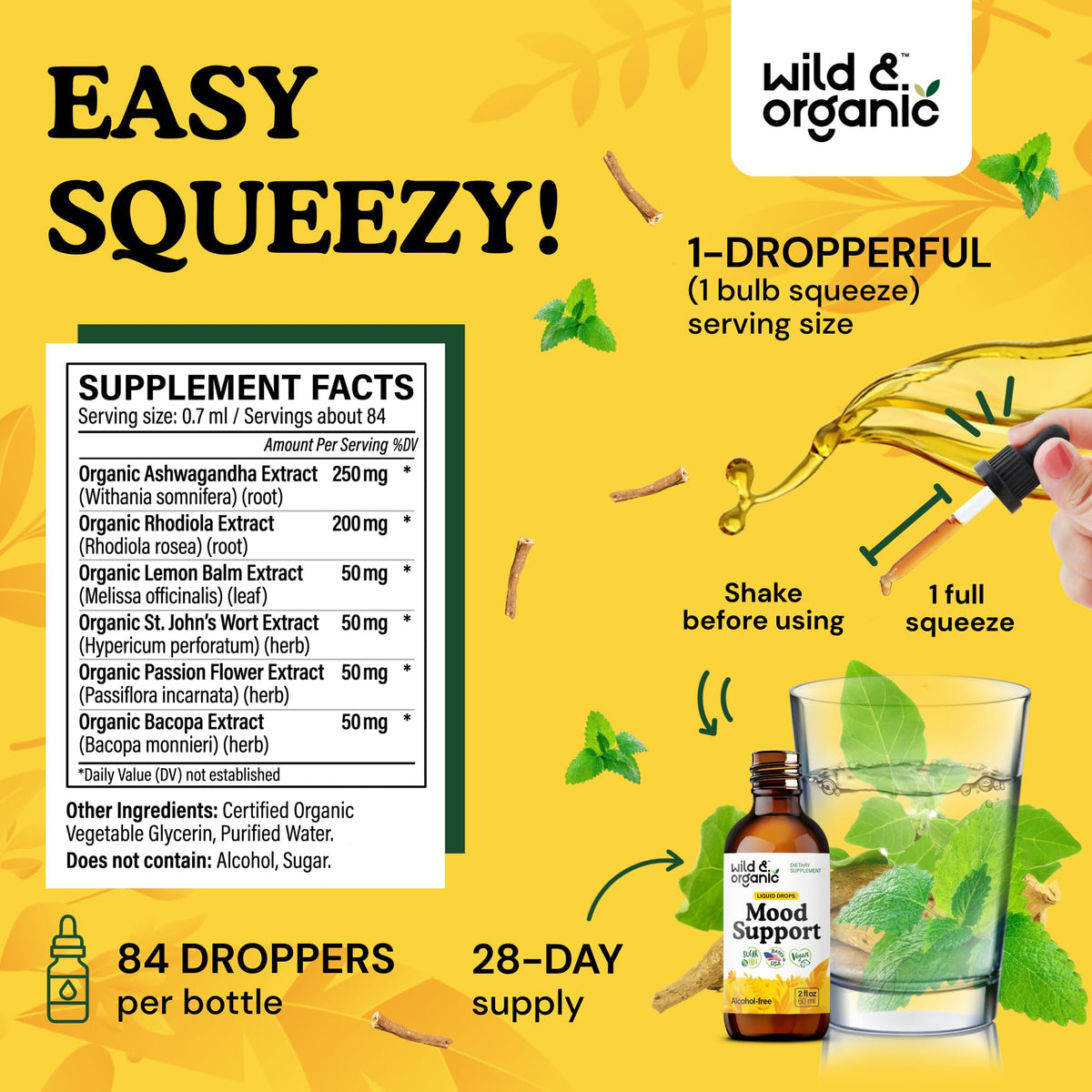 Wild & Organic Mood Support Drops - Good Mood Supplements w/Ashwagandha Root & Rhodiola Rosea - Natural Liquid Drops for Positive Energy - Calm and Relax Supplements for Women and Men - 2 oz