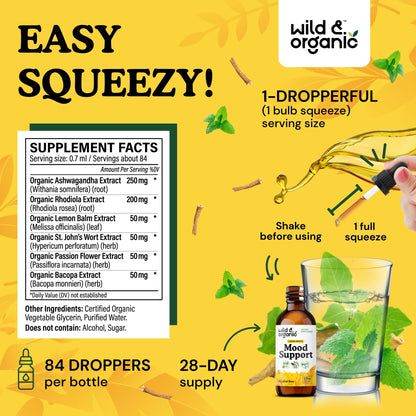 Wild & Organic Mood Support Drops - Good Mood Supplements w/Ashwagandha Root & Rhodiola Rosea - Natural Liquid Drops for Positive Energy - Calm and Relax Supplements for Women and Men - 2 oz