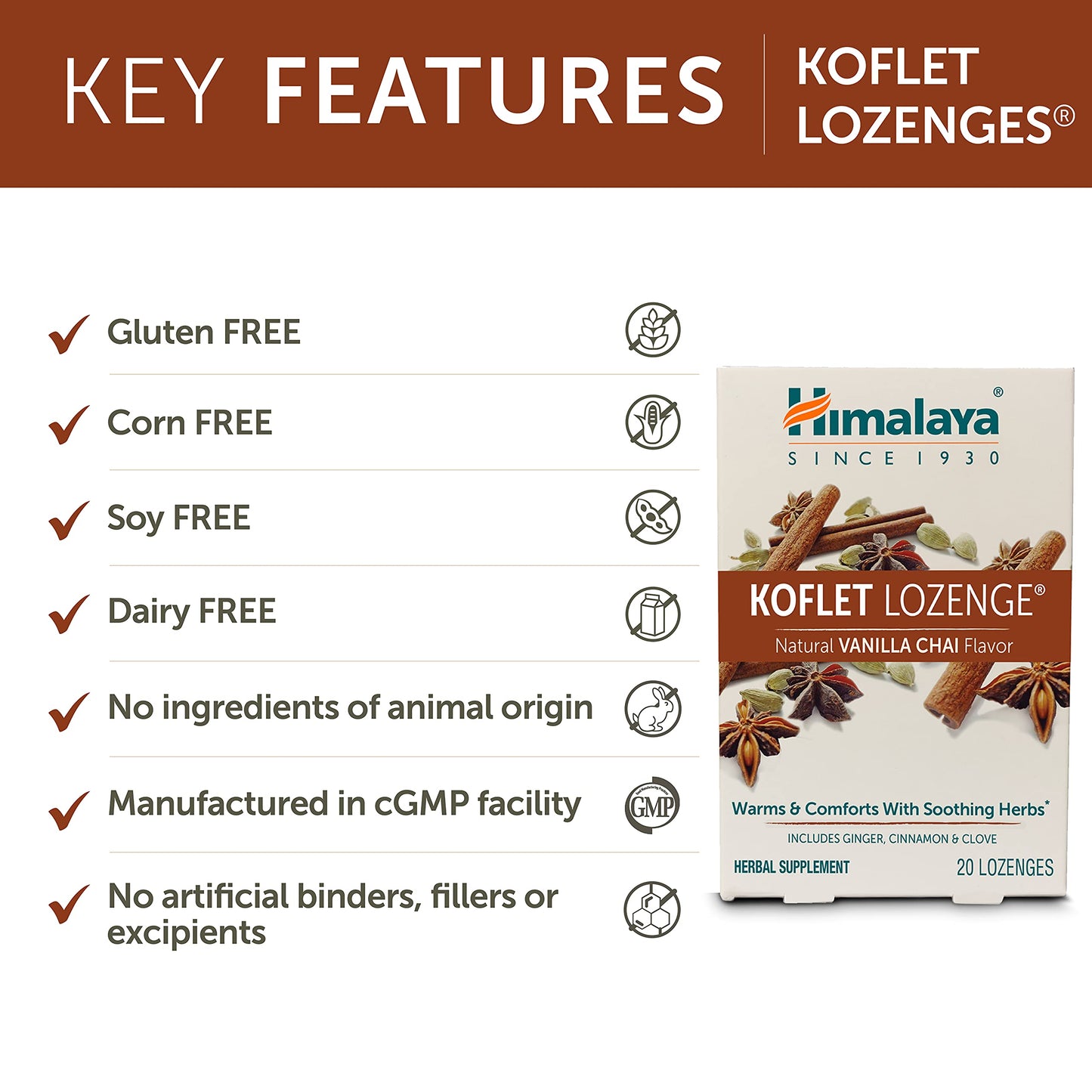 Himalaya Koflet Lozenges, Vanilla Chai Flavor, Natural Herbal Cough Drop for Warming Relief and Soothing Comfort, 130 mg, 20 Lozenge