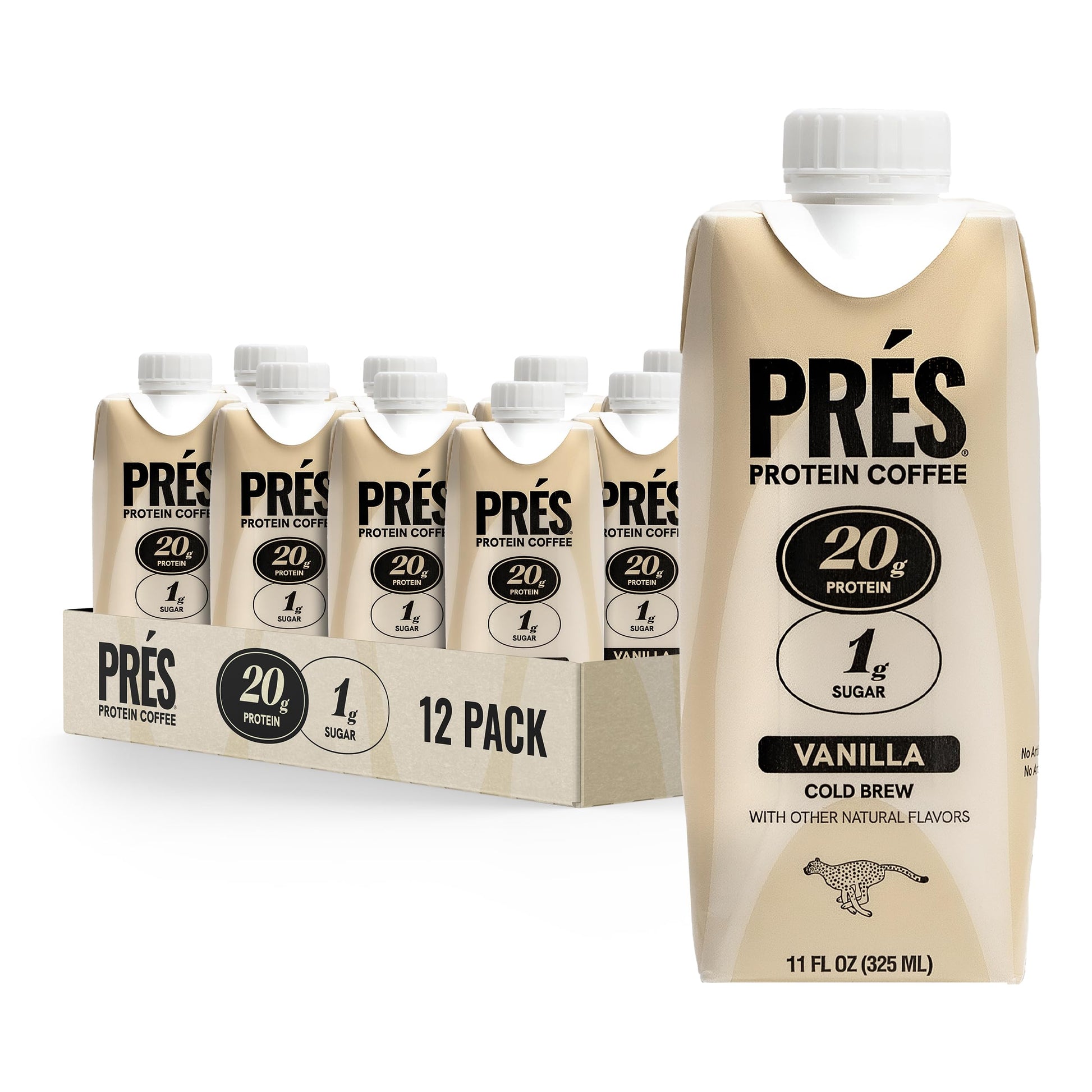 Prés, Protein Coffee, Vanilla, High Protein, Real Cold Brew, 20g Protein, 1g Sugar, 100 Calories, No Added Sugar, Coffee, Protein, Kosher, Soy Free, Nut Free, Non-GMO, Low Carb (12 Pack) PRÉS buy supplements Au