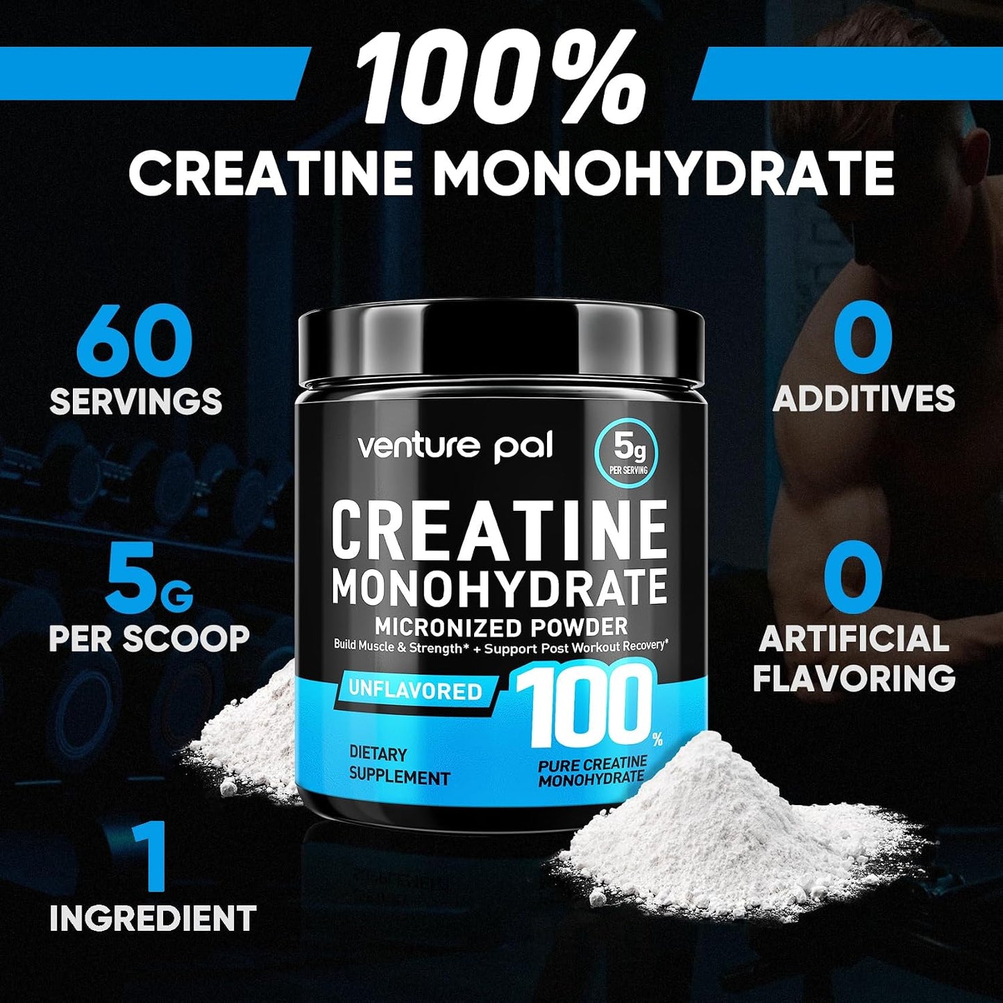 Venture Pal 100% Pure Micronized Creatine Monohydrate Powder 5g Per Serving | Vegan, Keto, GMO-Free & Gluten Free, Creatina Monohidratada en Polvo for Women & Men, Unflavored
