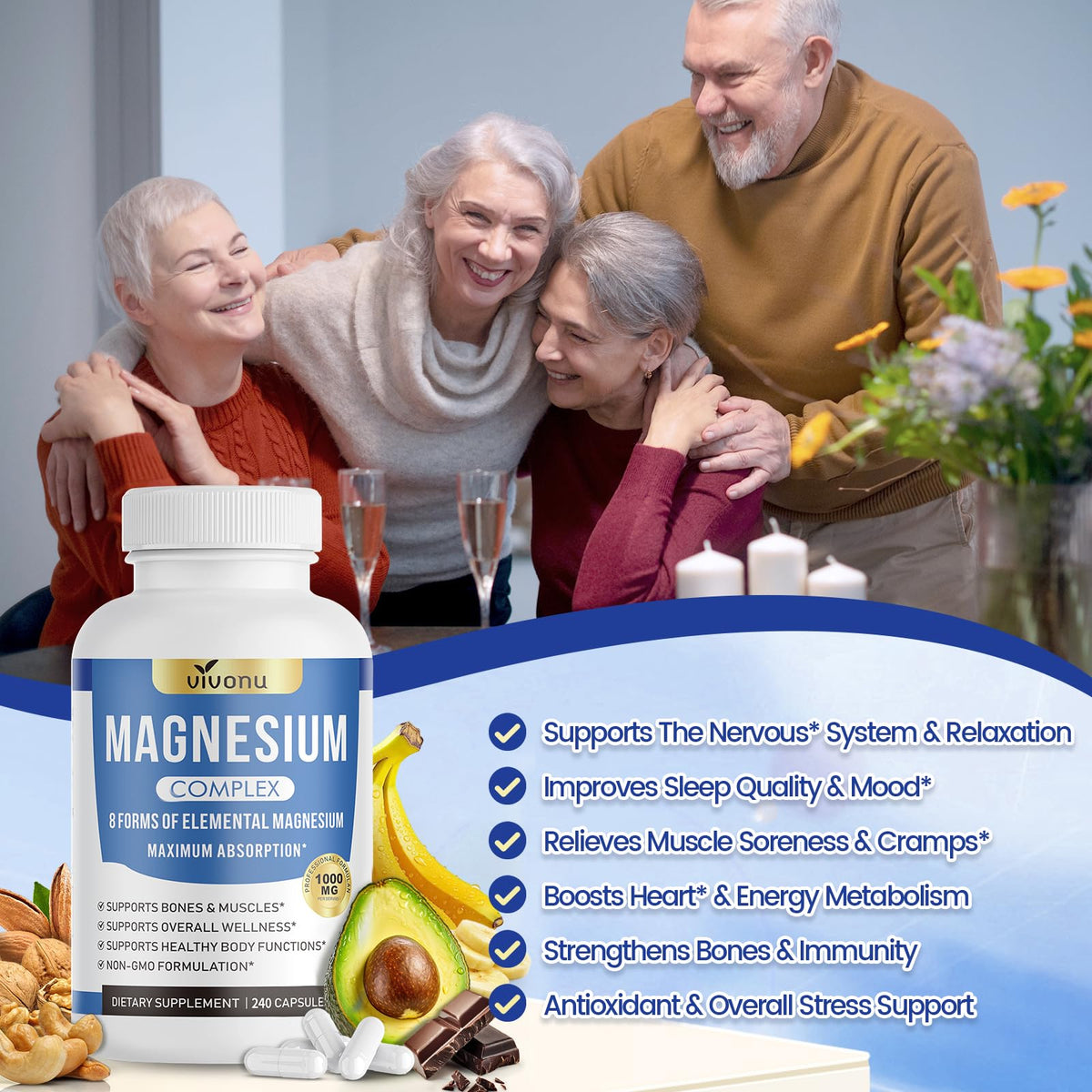 1000mg Magnesium Complex Capsules, 8-in-1 Magnesium Glycinate, Citrate, Malate, Taurate, Oxide, Carbonate, Aspartate, Orotate - 240 Capsules