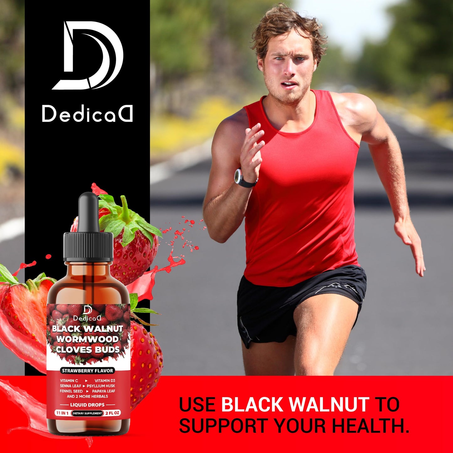 DEDICAD 11in1 Black Walnut Wormwood Cloves Liquid Drops with Cloves Buds, Senna Leaf, Psyllium Husk, Fennel Seed, Papaya Leaf and More - 2 oz Fl - 60 Days - Strawberry Flavor DEDICAD buy supplements Au