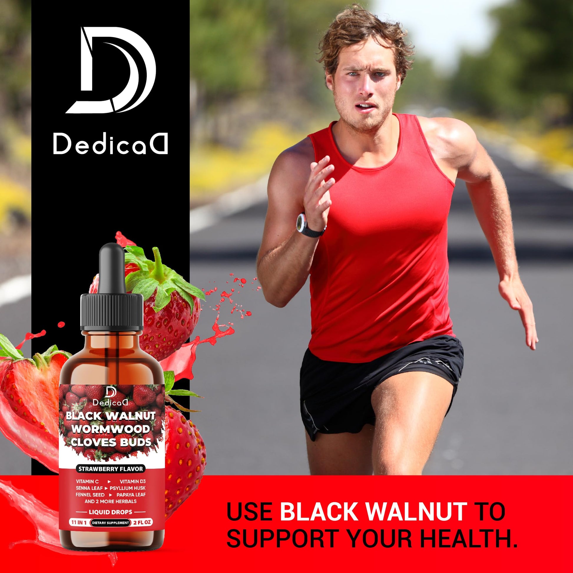 DEDICAD 11in1 Black Walnut Wormwood Cloves Liquid Drops with Cloves Buds, Senna Leaf, Psyllium Husk, Fennel Seed, Papaya Leaf and More - 2 oz Fl - 60 Days - Strawberry Flavor DEDICAD buy supplements Au