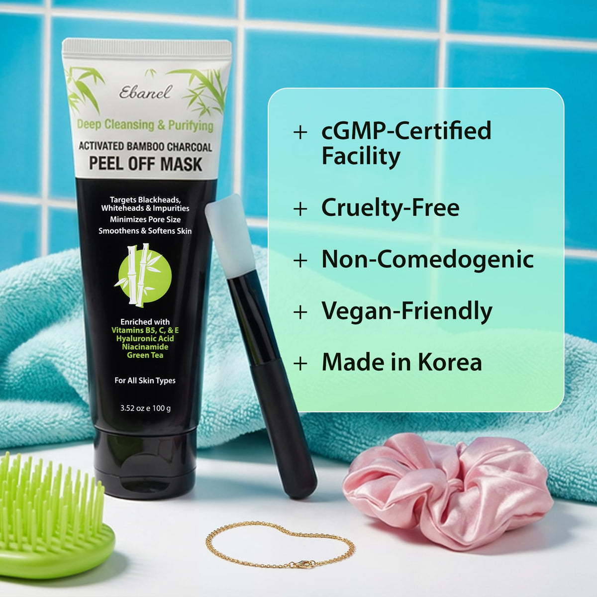 Ebanel Charcoal Peel Off Face Mask Applicator Set, Deep Pore Cleansing Minimizer Blackhead Remover with Niacinamide, Hyaluronic Acid, Vitamin C, Green Tea, Deep Cleanse Black Masks Peel Off Gel Mask