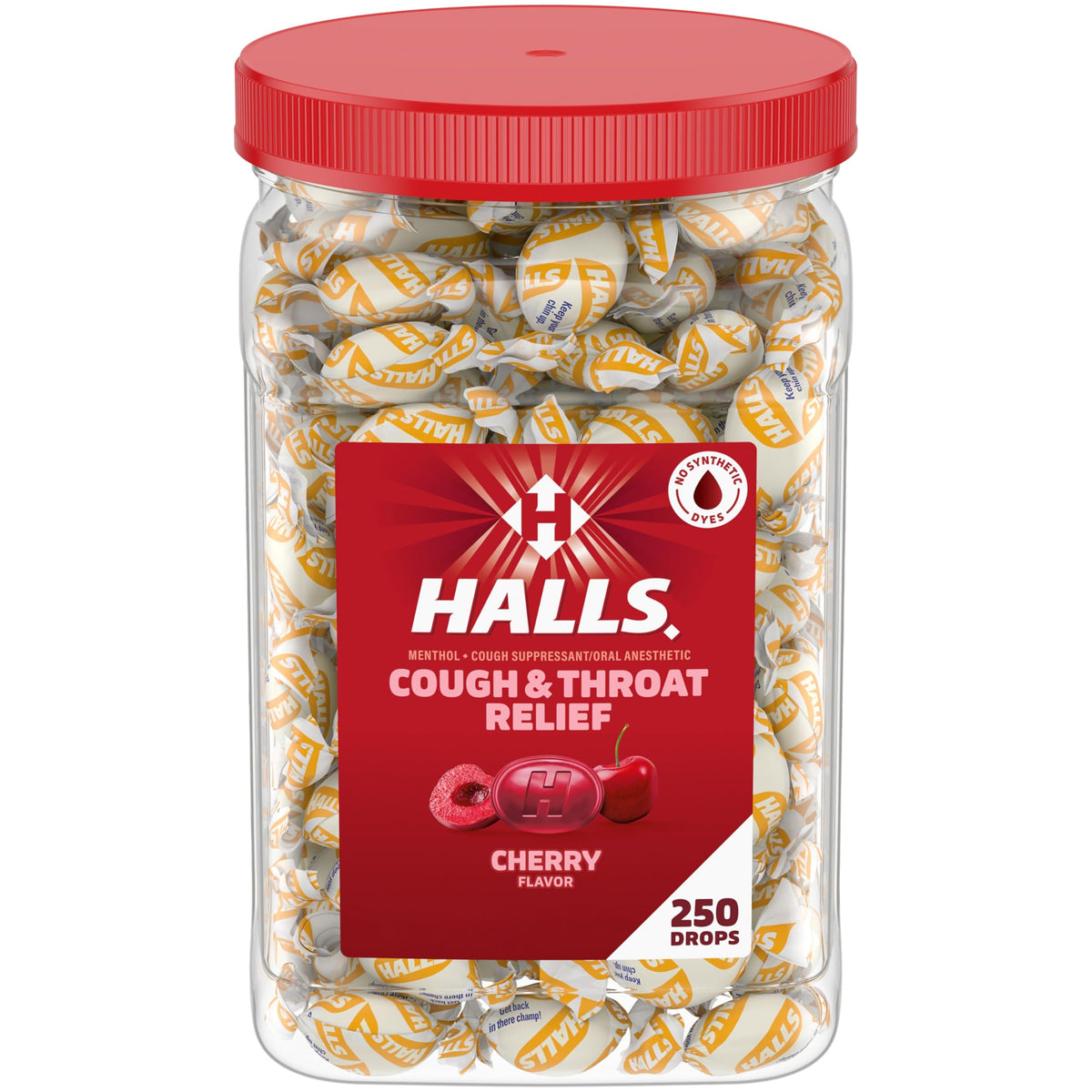 Halls Cough and Throat Relief Cherry Cough Drops, Bulk Pack, 250 Drops