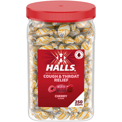 Halls Cough and Throat Relief Cherry Cough Drops, Bulk Pack, 250 Drops