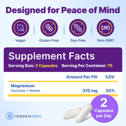 InnovixLabs Advanced Magnesium Capsules - 150 Ct, 210 mg - Chelated Glycinate and Malate - High Absorption, Promotes Relaxation, Bones, Muscle Health, Vegan Malate Sleep Supplement InnovixLabs buy supplements Au