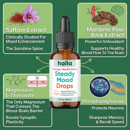 Halla Steady Mood Drops Saffron Extract, Maritime Pine Bark Extract, Phosphatidylserine, Magnesium L-Threonate, Sleep Supplements, Improves Focus & Attention, Mood Support Supplement, 60ml