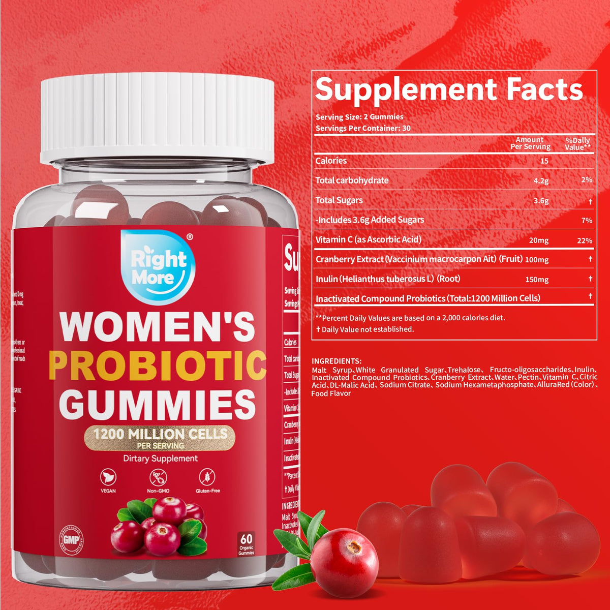 Right More Probiotic for Women Gummies,Feminine Balance Gummies, -1200 Billion Compound, Digestive & Immune Support, Supports Vaginal Health Prebiotics, Natural Cranberry Flavor, Vegan, 60 Gummies Right More buy supplements Au