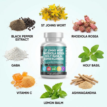 Clean Nutraceuticals St Johns Wort Rhodiola Rosea Holy Basil Ashwagandha - Mood Support for Women and Men with Vitamin C & Black Pepper Extract - 90 Caps