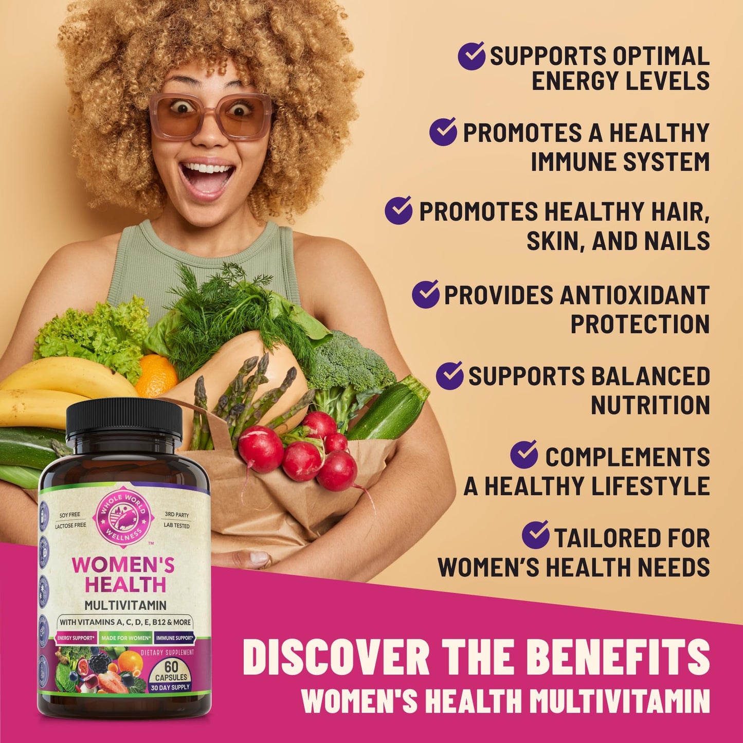WHOLE WORLD WELLNESS Womens Daily Multivitamin Multimineral Supplement for Energy, Mood, Focus, Hair, Skin & Nails. Made for Women with 30+ Nutrients, Fruit & Energy Blend. Womens Vitamins, USA Made. WHOLE WORLD WELLNESSBuy Supplements Australia