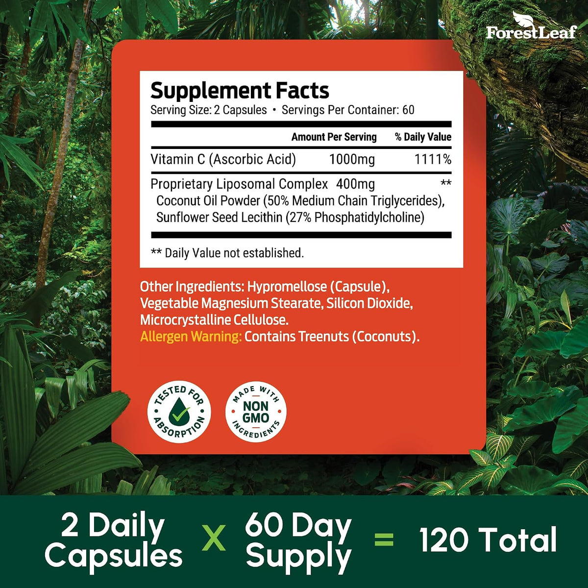 ForestLeaf Liposomal Vitamin C 1400mg Capsules | High Dose Vitamin C Liposomal Supplement w Coconut Oil Fatty Acids | Fast Absorption | Immune Support, Antioxidant, Collagen Production | 120 Vegan Cap