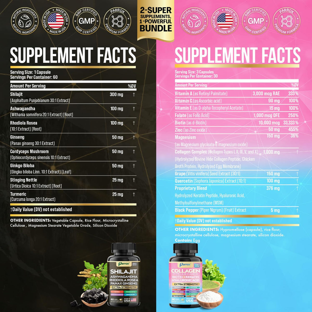 Parrox Adaptogen & Beauty Bundle – Rhodiola, Panax Ginseng, Ashwagandha, Cordyceps, Turmeric, Collagen, Biotin, Keratin, MSM, Hyaluronic Acid, Zinc, Quercetin, Vitamin C, A & E, Folate, Magnesium ParroxBuy Supplements Australia