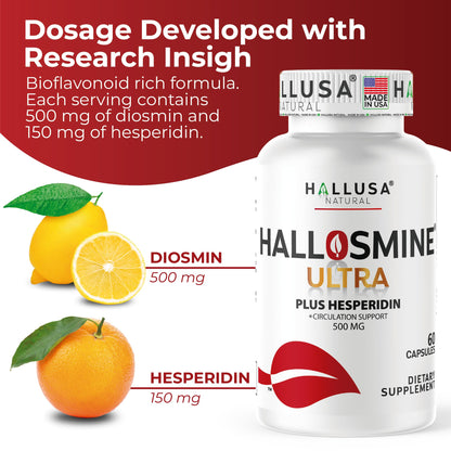 Hallosmine Ultra 650mg Diosmin Hesperidin, 60 Capsules + FREE Leg Cream with Diosmin, Hesperidin & Horse Chestnut, 4 oz | Blood Circulation & Vein Support Supplement, GMO Free, Gluten Free Hallusa NaturalBuy Supplements Australia