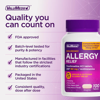 ValuMeds | Compare to Allegra | Fexofenadine HCl 180mg | 24-Hour Allergy Relief, Non-Drowsy Antihistamine Generic Medicine for Allergies, Hay Fever, Itchy Eyes | for Kids & Adults (100 Count) ValuMeds buy supplements Au