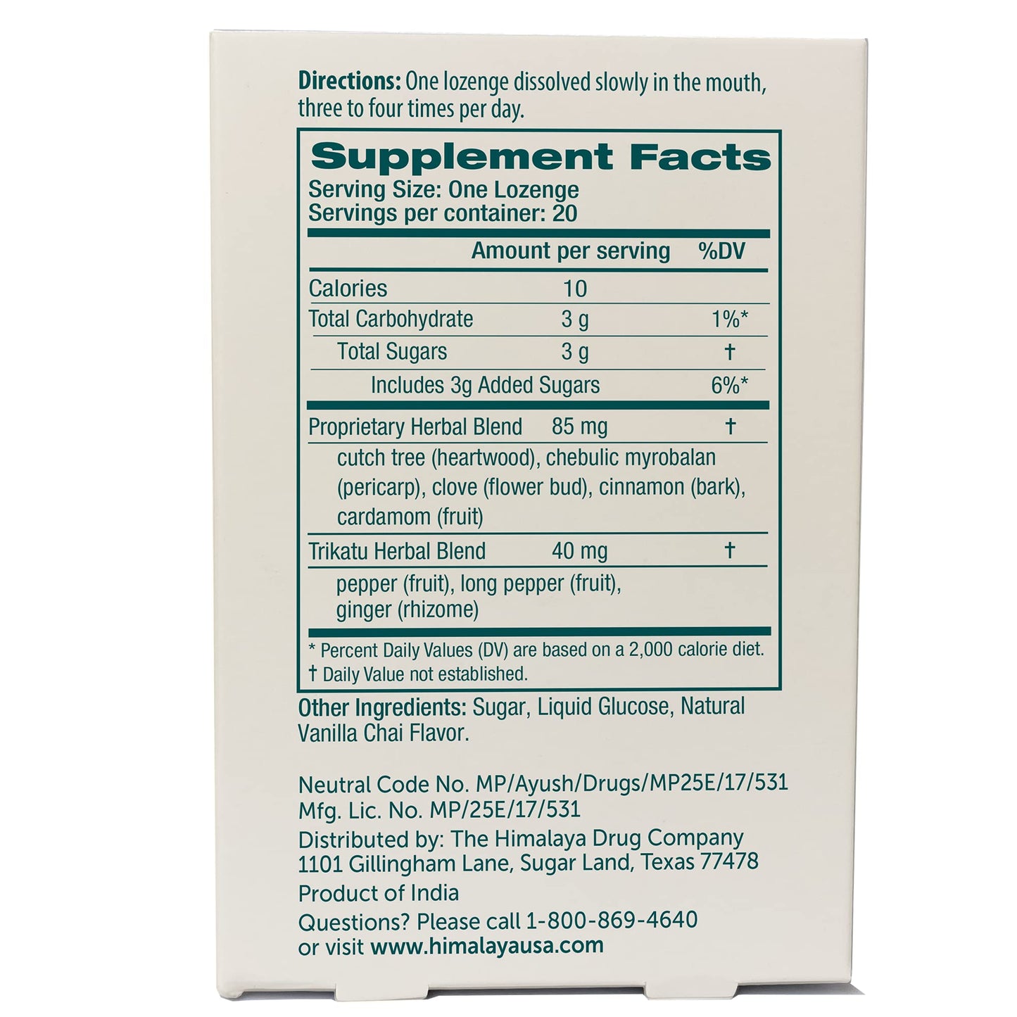 Himalaya Koflet Lozenges, Vanilla Chai Flavor, Natural Herbal Cough Drop for Warming Relief and Soothing Comfort, 130 mg, 20 Lozenge