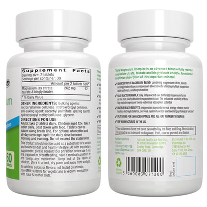 Igennus Superior Triple Magnesium Complex, Fully Reacted & Chelated Glycinate, Taurate & Citrate, Clean Label, High Bioavailability & Absorption, 60 Tablets, Vegan, Non-Buffered Igennus Healthcare Nutrition buy supplements Au