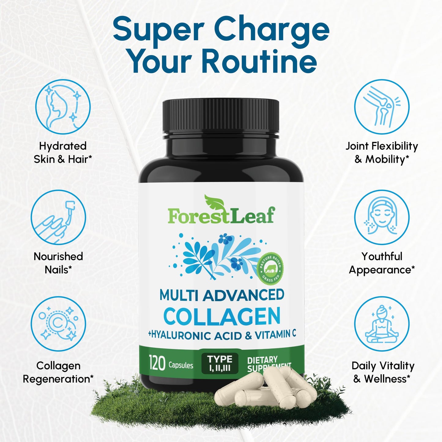 ForestLeaf Multi Collagen Pills with Hyaluronic Acid + Vitamin C | Hydrolyzed Collagen Supplements for Women or Men | Multi Collagen Capsules Peptides for Skin, Wrinkles, 120 Caps ForestLeaf buy supplements Au