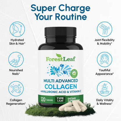 ForestLeaf Multi Collagen Pills with Hyaluronic Acid + Vitamin C | Hydrolyzed Collagen Supplements for Women or Men | Multi Collagen Capsules Peptides for Skin, Wrinkles, 120 Caps ForestLeaf buy supplements Au