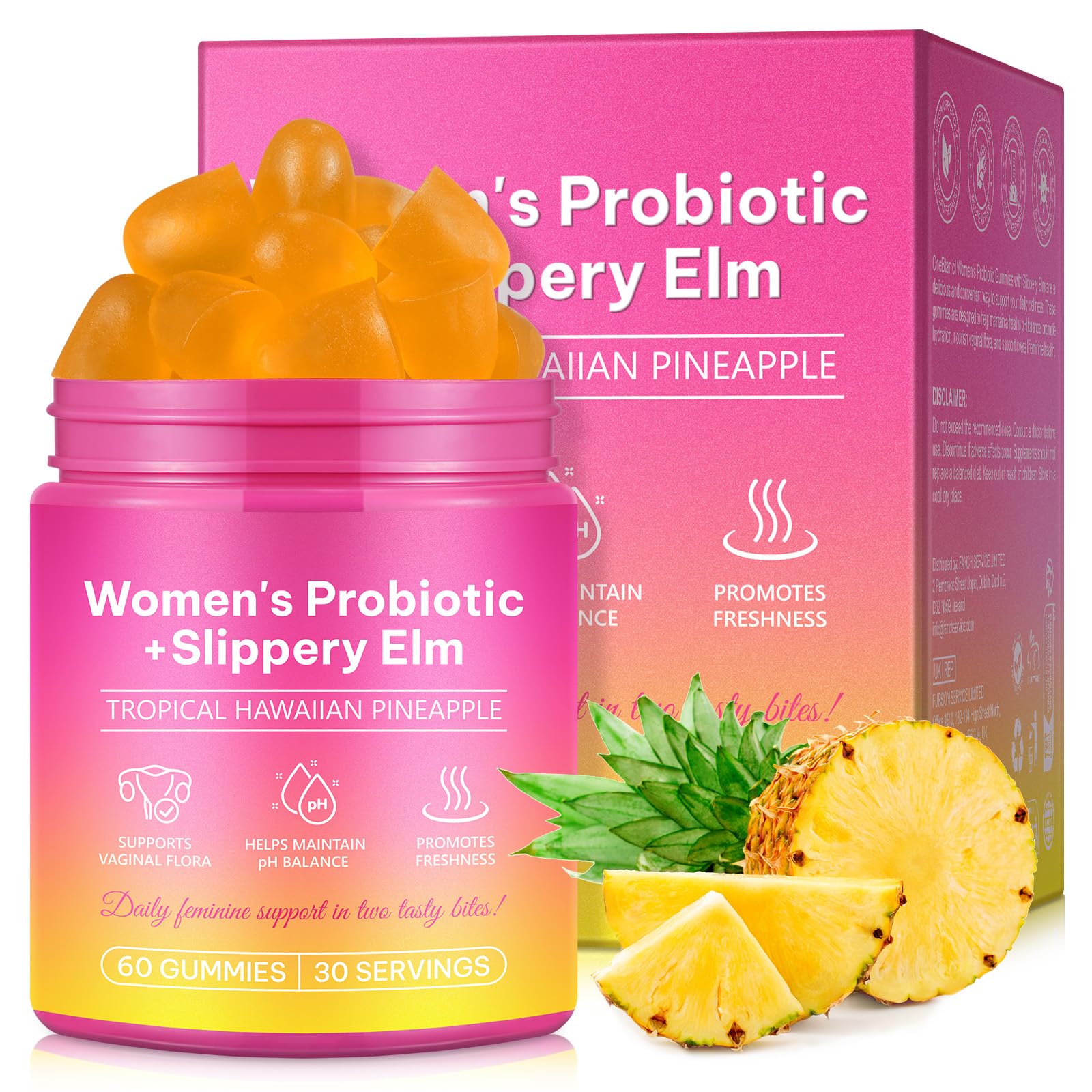 KITNOBLIS Feminine Probiotic Gummies with Slippery Elm- Pineapple Gummies for Women pH Balance, Gut Health & Immune Supports | with Prebiotics & Lactobacillus Blend (60 Gummies) KITNOBLISBuy Supplements Australia