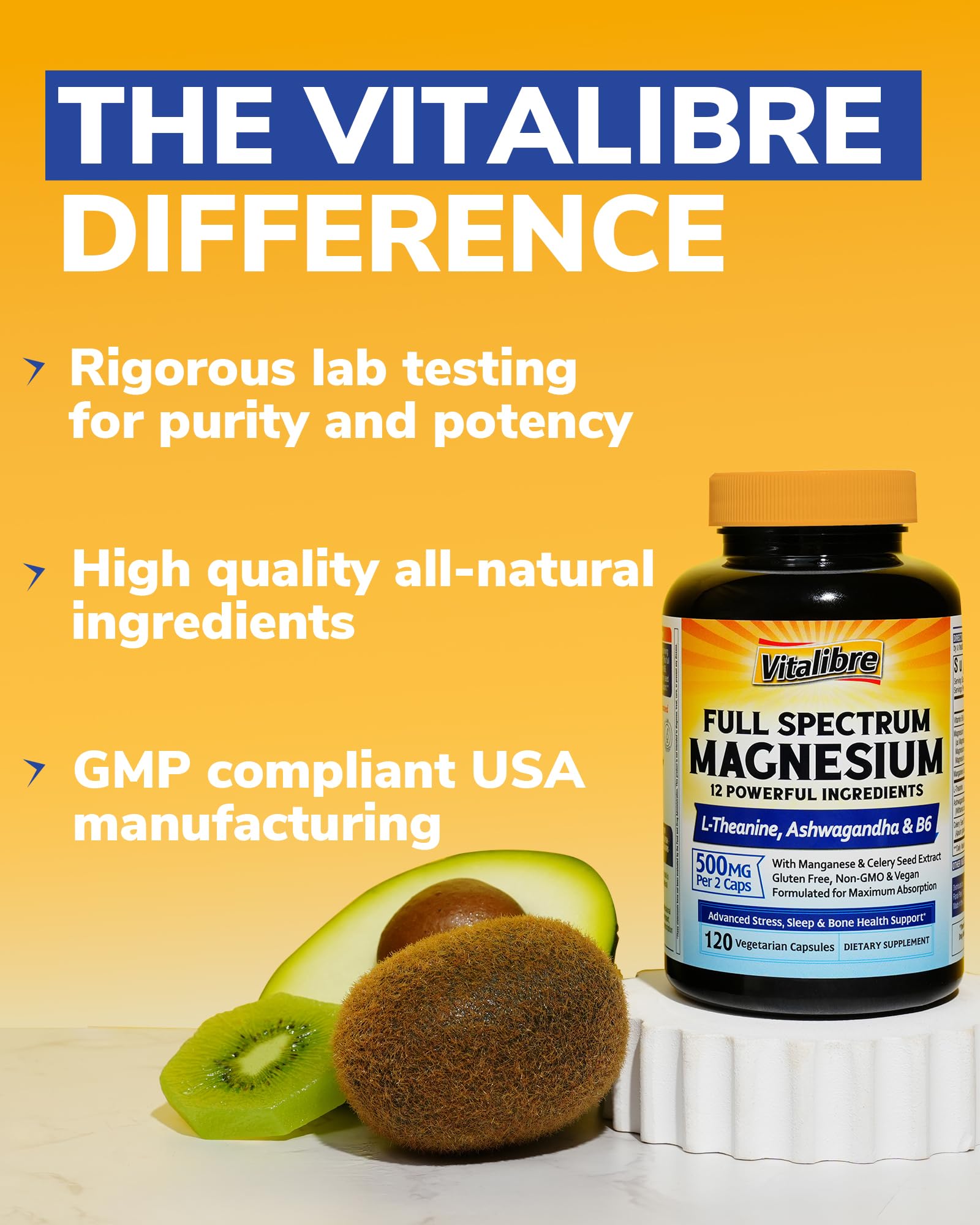 Vitalibre Magnesium Complex Supplement 500mg + Ashwagandha, L-Theanine, Vitamin B6 & Celery, High Absorption Magnesium Glycinate, Citrate, Malate, Sleep & Bone Support, 120 Vegan Capsules Vitalibre buy supplements Au