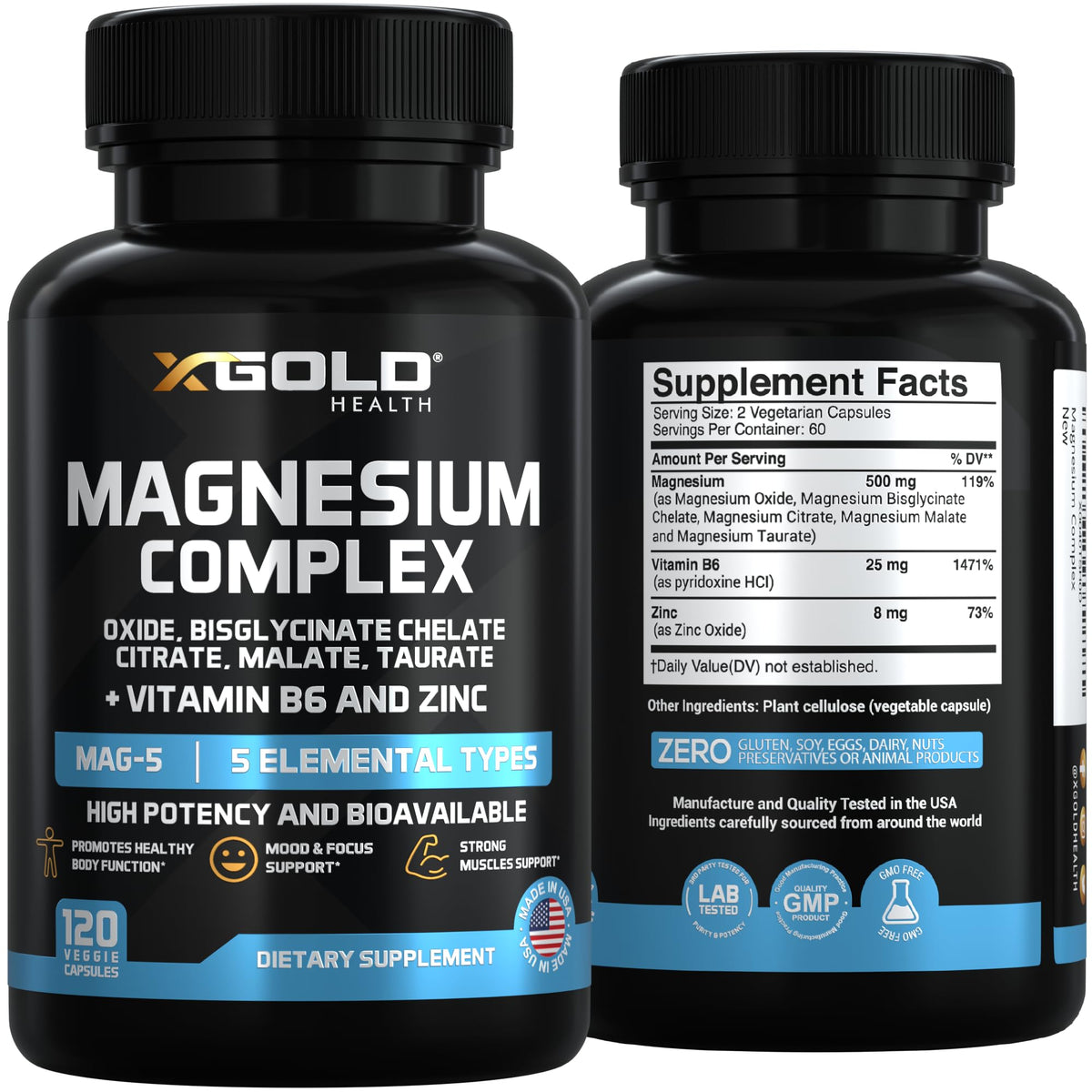 X Gold Health Magnesium Complex 5-in-1 with Zinc & B6 High Absorption Capsules (Glycinate, Citrate, Malate, Taurate, Oxide) Muscle Recovery, Energy, Sleep Support & Immune Health 500mg Made in USA X Gold Health buy supplements Au