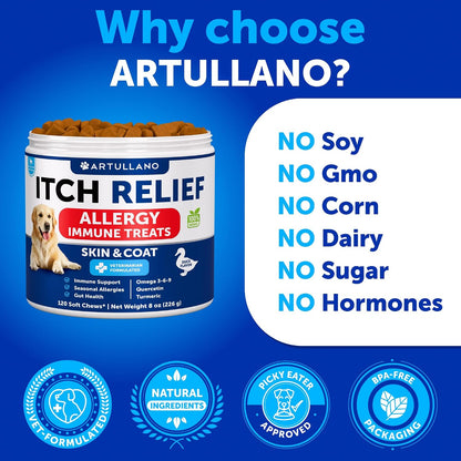 Dog Allergy Relief Chews - Itching Skin Relief for Dogs - Fish Oil - Omega 3 - Seasonal Allergies Pills - Skin & Coat, Anti Itch,Hot Spots Treatment - Canine Immune Health Supplement - 120 Soft Treats