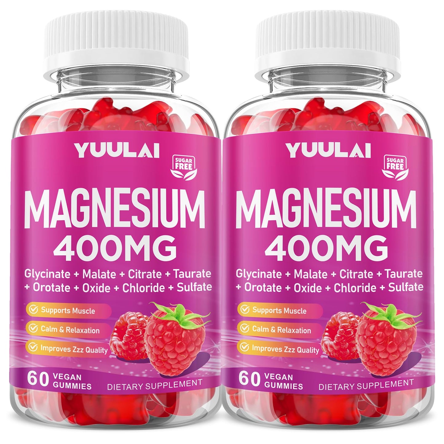 Two bottles of Yuulai Magnesium 400MG gummy vitamins on a white background