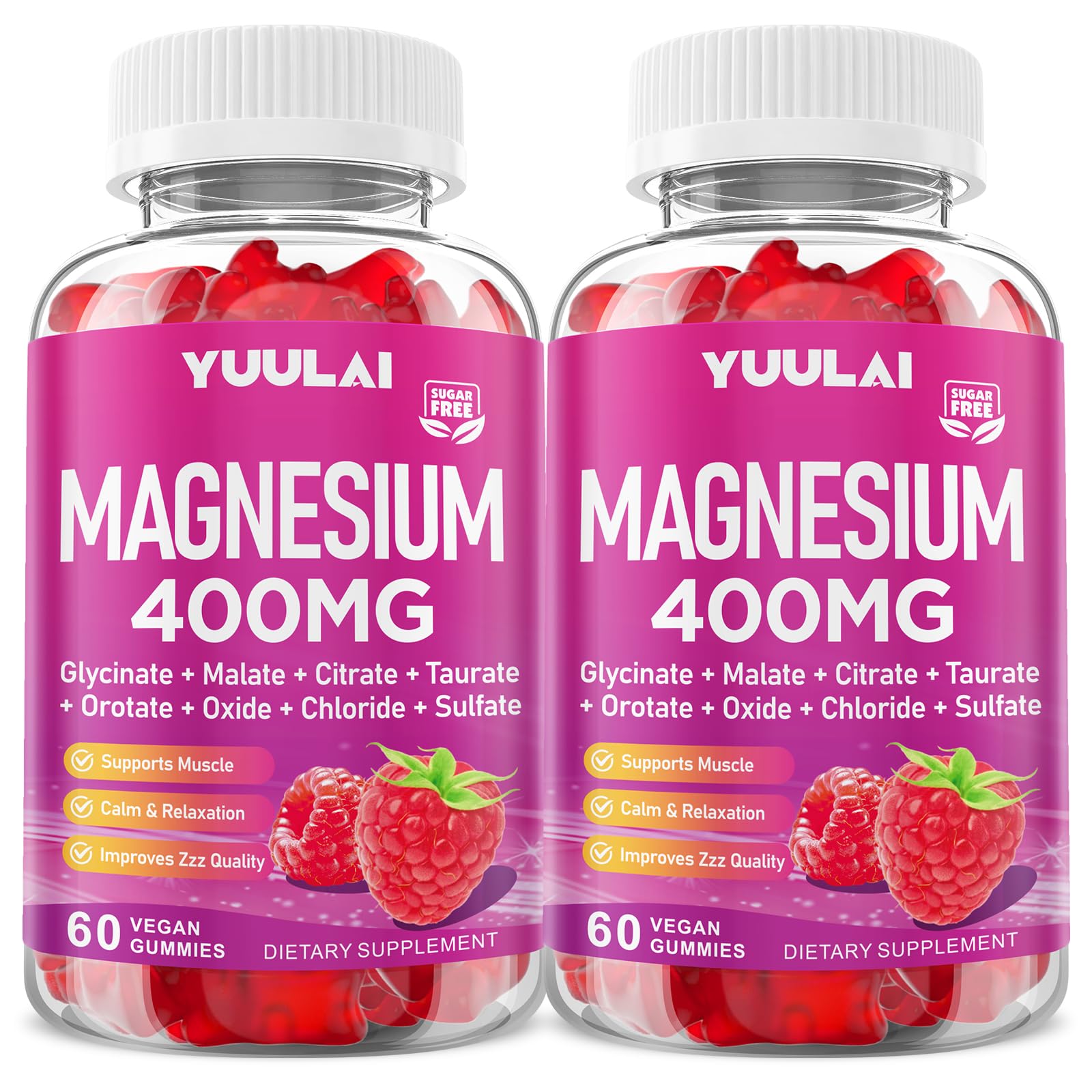 Two bottles of Yuulai Magnesium 400MG gummy vitamins on a white background