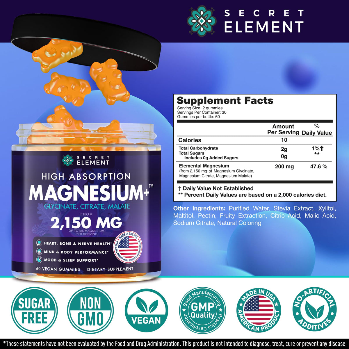 Magnesium Glycinate 2150MG Gummies for Women and Men, High Absorption Magnesium Glycinate, Citrate, Malate, Sugar Free, Vegan, 60 Chews, Pack of 2, Orange Secret ElementBuy Supplements Australia