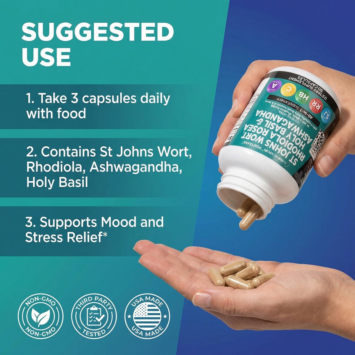 Clean Nutraceuticals St Johns Wort Rhodiola Rosea Holy Basil Ashwagandha - Mood Support for Women and Men with Vitamin C & Black Pepper Extract - 90 Caps
