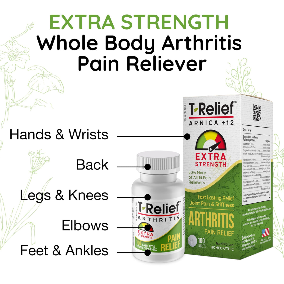 T-Relief Extra Strength Arthritis Pain Reliever Arnica +12 Natural Medicines for Joint Soreness Stiffness Aches, Quick Dissolving Pain Relief for Women & Men - 100 Tablets MediNaturaBuy Supplements Australia